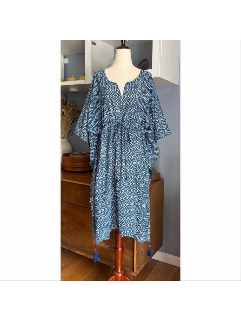 Pax Philomena Diamond Indigo Print Midi Kaftan Dress One Size Cotton Boho